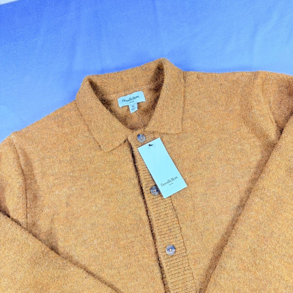 Goodfellow Mens M Gold Recycled Wool Blend Cardigan Sweater Collared Button Fron